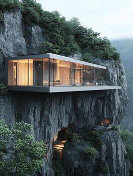 A house on top of a cliff overlooking the mountains photo