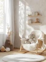 A white rocking chair in a room with a rug photo