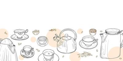 Landscape banner with hand drawn teapots, beans and cups. The illustration is outline only. Coffee background with text on top. Beverages with beans and bubbles isolated on white background. vector