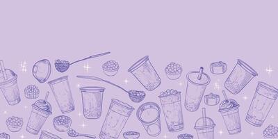 hand drawn bubble teas with Boba word in the middle. Landscape banner design with milk tea in plastic to-go cups. Beverages with straws and jelly. Warm outline only illustration with drinks. vector