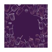 Hand drawn bubble tea square illustration in purple. Outline of milk tea with tapioca pearls. Square visuals for social media. Cafe and cocktails drawings. Boba tea for menu design. vector