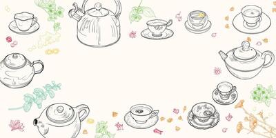 Landscape banner with hand drawn teapots, plants and cups. Tea illustration is outline only. Teas background with text space centered. Beverages with plants isolated on white background. vector