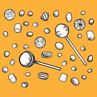 Hand drawn candies. Lollipops, gum, marshmallow with chocolate, vanilla, coffee, caramel and fruit flavors. Easy to edit and use food assets. Black outline, white fill in separate groups vector