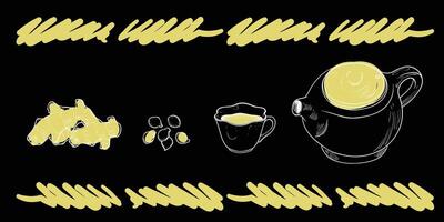 White line art tea from plant to pot. Hand drawn tea illustration. Ginger tea design for online and print tea projects. Outline line art with flat colored details for bar or cafe menu designs. vector