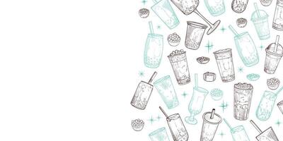Landscape banner with hand drawn bubble teas. The illustration is outline only. Boba milk teas background with text space on the side. Beverages with straws vector