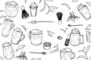 Hand drawn matcha tea background. hand drawn matcha teas in cups with foam or cream. Isolated black outlines of yummy drinks on transparent background. Illustration is outline only. vector