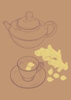 Hand drawn tea poster. Line art illustration with a side view ginger tea cup and pot. Design ready to be used in online and print projects for bar or cafes such as menus or posters. vector