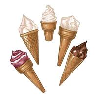 Hand drawn ice creams in cones. Yummy frosty summer dessert with vanilla, chocolate, fruit flavors and chocolate and caramel crunchy frosting. Easy to edit and use food assets. vector