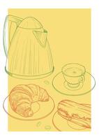 Hand drawn breakfast poster. Illustration with a side view coffee tea cup, pastry, teapot. Design ready to be used in online and print projects for bar or cafes such as menus or posters. vector
