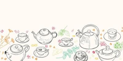 Landscape banner with hand drawn teapots, plants and cups. The illustration is outline only. Teas background with text space on top. Beverages with plants isolated on white background. vector
