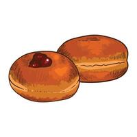 Hand drawn donuts with fruit filling. Round doughnuts fresh out of the oven. Easy to edit and use food assets. vector