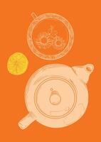 Hand drawn tea poster. Calendula marigold tea design with a top view tea mug, tea pot and lemon. Illustration ready to be used in online and print projects for bar or cafes. vector