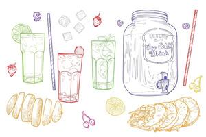 Fruit lemonade with jar and glasses. Fruits and ice on the side. Line art illustration. This banner is outline only. Easy to edit and ready to be used soft drink design. vector