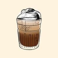 Irish specialty. Energizing drink with caffeine in a glass with Coffee Whiskey and Cream. hand drawn line art of a refreshing drink. Outlined illustration for online and print. vector