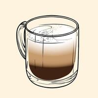Cappuccino specialty. Energizing drink with caffeine in a glass mug with Foam, Steamed Milk and Espresso. hand drawn line art of a refreshing drink. Outlined illustration for online and print. vector