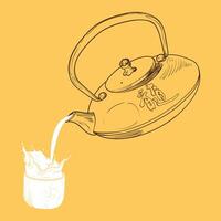 Hand drawn tea and coffee poster. Illustration with a side view coffee and tea mug and pot. Design ready to be used in online and print projects for bar or cafes such as menus or posters. vector