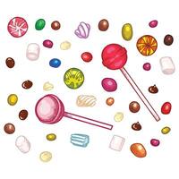 Hand drawn candies. Lollipops, gum, marshmallow with chocolate, vanilla, coffee, caramel and fruit flavors. Easy to edit and use food assets. vector