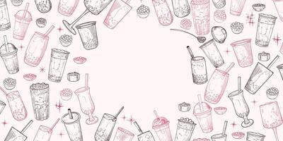 Hand drawn red and brown bubble teas with text space in the middle. Landscape banner design with milk tea in glasses or plastic to-go cups. Beverages with straws. Outline only illustration with drinks vector