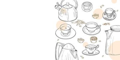 Landscape banner with hand drawn teapots, beans and cups. The illustration is outline only. Coffee background with text on the side. Beverages with beans and bubbles isolated on white background. vector