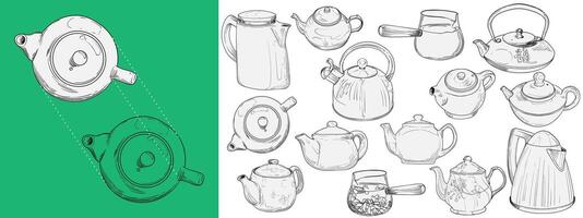 Hand drawn kettles and pots set. Outline kitchenware for coffee or tea menus. Kitchen graphic assets with outline and fill in separate groups. vector