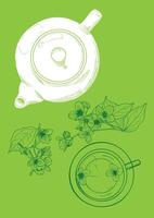 Hand drawn tea poster. Green tea and jasmine illustration with a top view tea mug and pot. Design ready to be used in online and print projects for bar or cafes such as menus or posters. vector