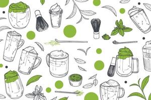 Hand drawn matcha tea background. hand drawn matcha teas in cups with foam or cream. Isolated gray outlines of yummy drinks on white background. Illustration is outline only. vector
