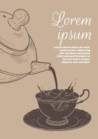 Hand drawn tea and coffee poster. Illustration with a side view coffee and tea splashing mug and pot. Design ready to be used in online and print projects for bar or cafes such as menus or posters. vector