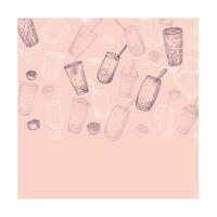 Hand drawn bubble tea illustration in beige color. Outline of milk tea with tapioca pearls. Square visuals for social media. Cafe and cocktails drawings. Boba tea for menu design. vector