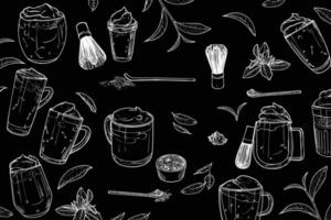 Hand drawn matcha tea background. hand drawn matcha teas in cups with foam or cream. Isolated white outlines of yummy drinks on black background. Illustration is outline only. vector