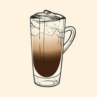 Galao specialty. Energizing drink with caffeine in a tall glass with Foamed milk and Espresso. hand drawn line art of a refreshing drink. Outlined illustration for online and print. vector