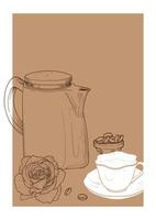 Hand drawn coffee poster. Breakfast illustration with a side view coffee mug, pot and rose. Design ready to be used in online and print projects for bar or cafes such as menus or posters. vector
