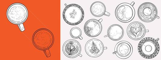 hand drawn tea and coffee cups and mugs top view collection. Outline drinkware for coffee or tea menus. Isolated tea cups and coffee mugs with outlines and fills separate. vector