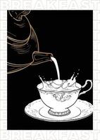 Elegant hand drawn tea and coffee poster. illustration with a side view coffee tea cup and pot. Design ready to be used in online and print projects for bar or cafes such as menus or posters. vector