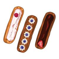 Tasty hand drawn eclairs with fruits, cream, glaze. Top view pastry illustration. Easy to edit and use food assets. vector