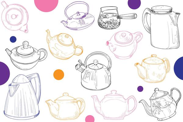 hand drawn kettles collection. Outline kitchenware for coffee or tea menus. Isolated tea pots on white background. Illustration is outline only.