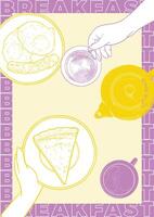 Hand drawn line art breakfast poster. Illustration with a top view food and drinks such as fried eggs with sausage, pie slice, hands holding tea and coffee cups, plate with food. vector