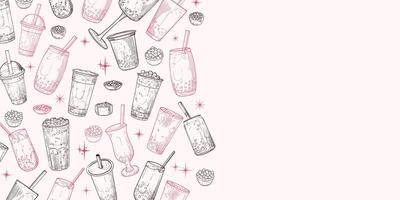 Landscape banner with hand drawn bubble teas. The illustration is outline only. Boba milk teas background with text on the side. Beverages with straws vector