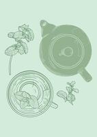Hand drawn tea poster. Illustration with a top view mint tea mug and pot. Design ready to be used in online and print projects for bar or cafes such as menus or posters. vector