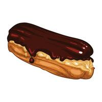 Hand drawn yummy creamy eclair with chocolate glaze and vanilla filling. Easy to edit and use food assets. vector