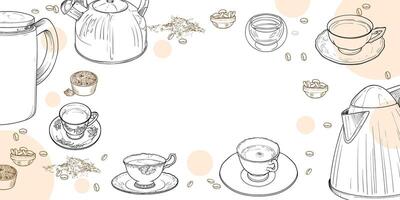 Landscape banner with hand drawn teapots, beans and cups. The illustration is outline only. Coffee background with text centered. Beverages with beans and bubbles isolated on white background. vector