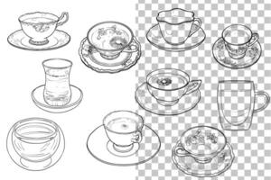 hand drawn tea and coffee cups and mugs side view collection. Outline tableware for menu design. Isolated tea cups and coffee mugs isolated from background. Illustration is outline only. vector