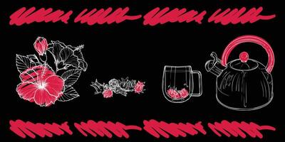 White line art tea from plant to pot. Hand drawn tea illustration. Hibiscus tea design for online and print tea projects. Outline line art with flat colored details for bar or cafe menu designs. vector