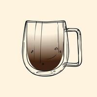 Lungo specialty. Energizing drink with caffeine in a glass mug with long pulled Espresso. hand drawn line art of a refreshing drink. Outlined illustration for online and print. vector