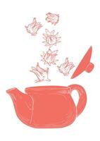 Hand drawn tea poster. Illustration with a side view hibiscus falling in a tea pot. Design ready to be used in online and print projects for bar or cafes such as menus or posters. vector