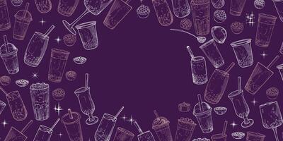 hand drawn bubble teas with Boba word in the middle. Landscape banner design with milk tea in glasses or plastic to-go cups. Beverages with straws. Warm outline only illustration with drinks. vector