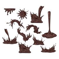 Hand drawn milk chocolate splashes, drops, droplets, falling, juice. Easy to edit and use food assets. vector