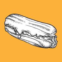 Hand drawn yummy creamy eclair with glaze and filling. Easy to edit and use food assets. Black outline, white fill in separate groups. vector