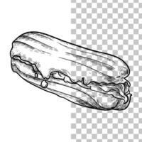 Hand drawn yummy creamy eclair with glaze and filling. Easy to edit and use food assets. Black outline, no fill, with fine details. vector