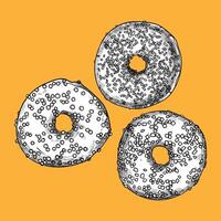 Hand drawn doughnuts. Top view of three donuts with vanilla, berry, chocolate glazes and sprinkles. Easy to edit and use food assets. Black outline, white fill in separate groups. vector