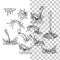 Hand drawn liquid splashes, drops, droplets, falling, juice. Easy to edit and use food assets. Black outline, no fill, with fine details. Could be milk, chocolate, juice, water. vector